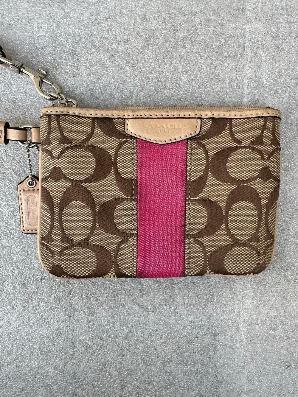 Coach Signature Stripe Wristlet – Khaki/Brown & Pink